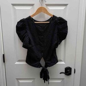 Black Striped Puff Sleeve Tie-Front Top